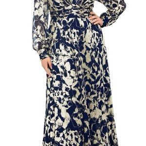 Betsy & Adam Blue&Gold V-neck Foil Mesh A-line Dress
